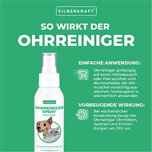 Silberkraft - Limpiador de orejas para perros y gatos, 100 ml, con extracto de manzanilla, limpia suavemente y suave, alivia el picor y es adecuado para cachorros