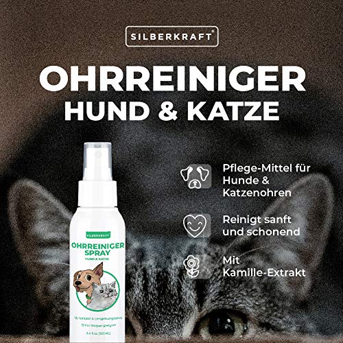Silberkraft - Limpiador de orejas para perros y gatos, 100 ml, con extracto de manzanilla, limpia suavemente y suave, alivia el picor y es adecuado para cachorros