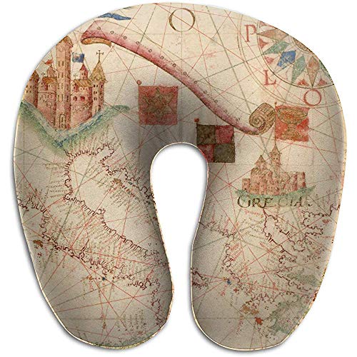 Simone-Shop Almohada de Cuello de Mapa náutico mediterráneo Vintage Almohada de Viaje Suave para el Cuello para el hogar, Almohada en Forma de U para el Dolor de Cuello 29 * 30 * 10 cm