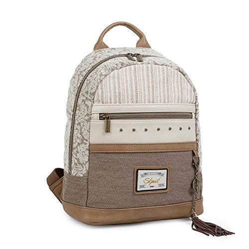 SKPAT - Mochila Mujer Casual de Diseño. Cierre Cremallera. Asa y Tiras Ajustables. Base Reforzada. para Uso Diario. Gran Capacidad. Lona y Cuero PU Polipiel. Cómoda. 301799, Color Marron