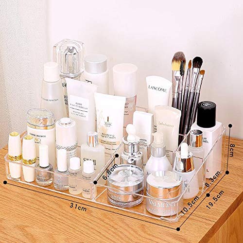 Slivy Organizador de Maquillaje Transparente Encimeras de plástico Grandes Cajas de exhibición de Almacenamiento de cosméticos, Muti-Grid Brush Holder Caja de pintalabios for tocador Tocador de baño