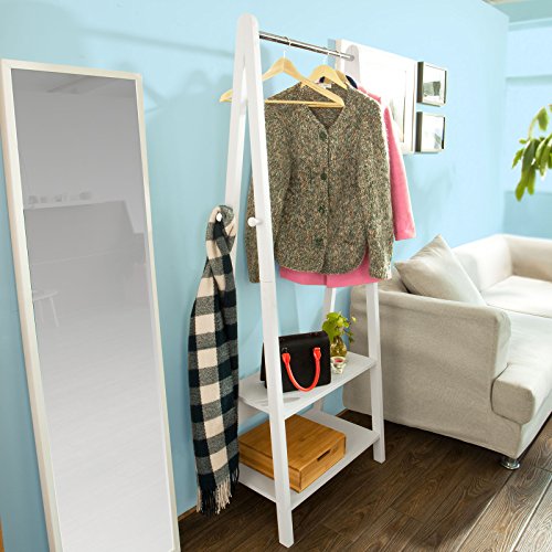 SoBuy® Moderna estantería escalonada con 2 estantes, Estantería de diseño con Ganchos y Barra para Abrigos,Blanco, FRG59-W,ES