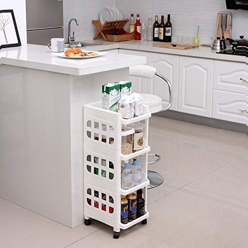 SONGMICS Carrito de Plástico con 4 Niveles, Estantería con Ruedas de PP, Organizador para Cocina y Baño, Estante de Almacenamiento, Blanco KSC02WT