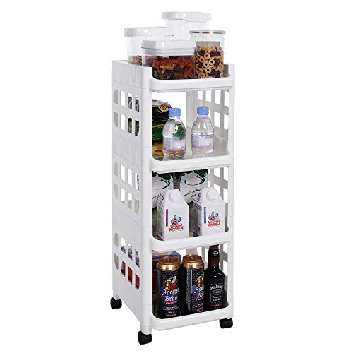 SONGMICS Carrito de Plástico con 4 Niveles, Estantería con Ruedas de PP, Organizador para Cocina y Baño, Estante de Almacenamiento, Blanco KSC02WT