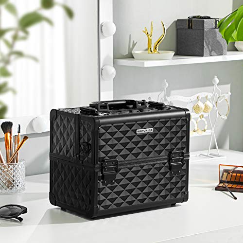 SONGMICS Maletín de Maquillaje, Estuche de Cosméticos, Organizador de Cosméticos de Viaje para Peluqueros y Maquilladores, con Cerradura y Correa de Hombro, Negro JBC319B01