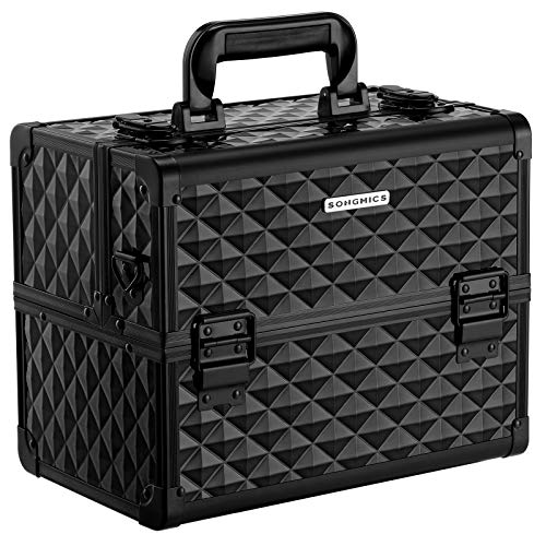 SONGMICS Maletín de Maquillaje, Estuche de Cosméticos, Organizador de Cosméticos de Viaje para Peluqueros y Maquilladores, con Cerradura y Correa de Hombro, Negro JBC319B01