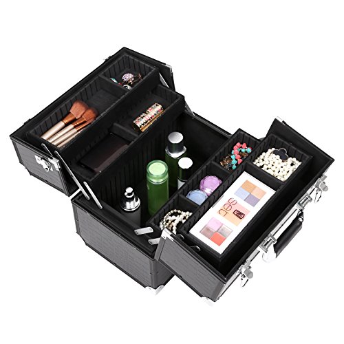SONGMICS Maletín para Maquillaje, Caja de Belleza con 4 Bandejas, Extensibles, PU, 35 x 22 x 28,5 cm, Negro JBC315B