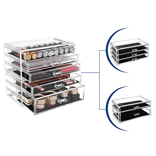 SONGMICS Organizador de Maquillaje Apilable, 2 Cajas de Cosméticos con 5 Cajones para Joyas y Maquillaje, Transparente JMU32TP