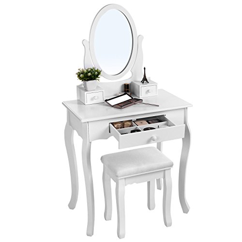 Songmics RDT004 - Tocador Mesa de Maquillaje con 3 Cajones, Espejo Oval, Taburete Acolchado, 70 x 40 x 130 cm