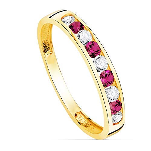 Sortija oro 18k centro carril circonitas combinadas blancas fucsias cuerpo liso