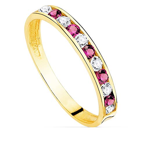 Sortija oro 18k centro carril circonitas combinadas fucsias blancas cuerpo liso