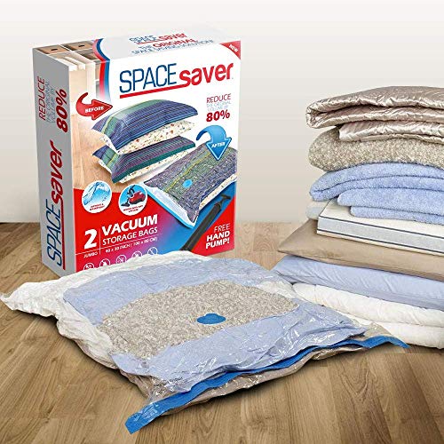 Space Saver Premium Jumbo Bolsas para Almacenamiento al vacío (80% más Almacenamiento Que Marcas Principales, Incluye Bomba de Mano para Viajes.) (2 Unidades)
