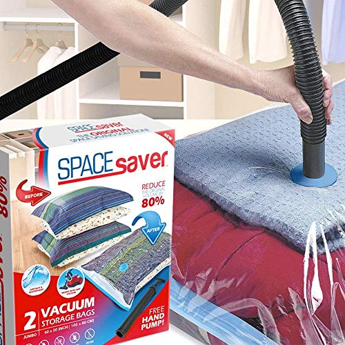 Space Saver Premium Jumbo Bolsas para Almacenamiento al vacío (80% más Almacenamiento Que Marcas Principales, Incluye Bomba de Mano para Viajes.) (2 Unidades)