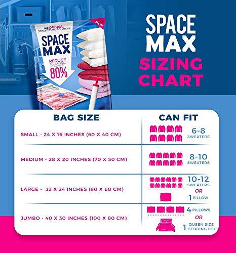Spacemax Premium Bolsas de vacío reutilizables (Jumbo 6 paquetes) Ahorra un 80% más espacio de almacenamiento doble cremallera y válvula de toma, bomba de mano de viaje incluida