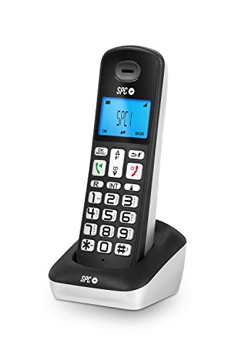 SPC Gossip - Teléfono inalámbrico (agenda 50 nombres y números, teclas grandes, manos libres, pantalla iluminada con números grandes), negro