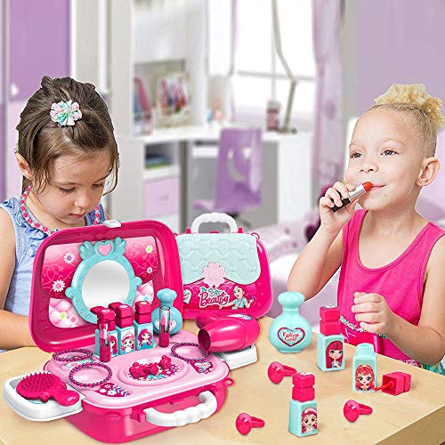 SPECOOL Maletin De Maquillaje Niñas Juguete, Belleza y Peluqueria Juego de rol Bandolera Maletin De Belleza y peluqueria Juguete de Joyería Set con Accesorios para Princesa Niños