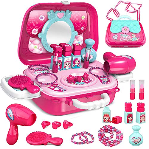SPECOOL Maletin De Maquillaje Niñas Juguete, Belleza y Peluqueria Juego de rol Bandolera Maletin De Belleza y peluqueria Juguete de Joyería Set con Accesorios para Princesa Niños