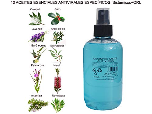 SPRAY ANTIVIRICO DESINFECTANTE 250ML 100% Natural 10 Aceites Esenciales. Limpiador Hidroalcohólico, piel, mascarillas, textil, superficies y aparatología