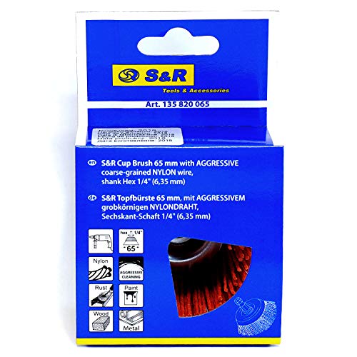 S&R Cepillo de Copa de Nylon 65 mm AGRESIVO para madera y metal. Vástago hexagonal 1/4" (6.35 mm)