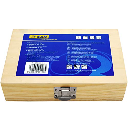 S&R Fresas para Madera, vastago 8mm Juego de 15 Brocas para Esquinas y Ranuras en acero profesional