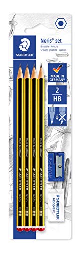 Staedtler Noris 120S1 BK4DST. Lápices de madera certificada. Blíster con 4 lapiceros, una goma de borrar y un sacapuntas.