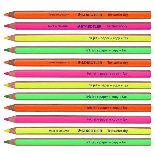 Staedtler Textsurfer Lápiz resaltador seco para escribir y dibujar sobre tinta, papel, copias, fax (12 unidades, varios colores)