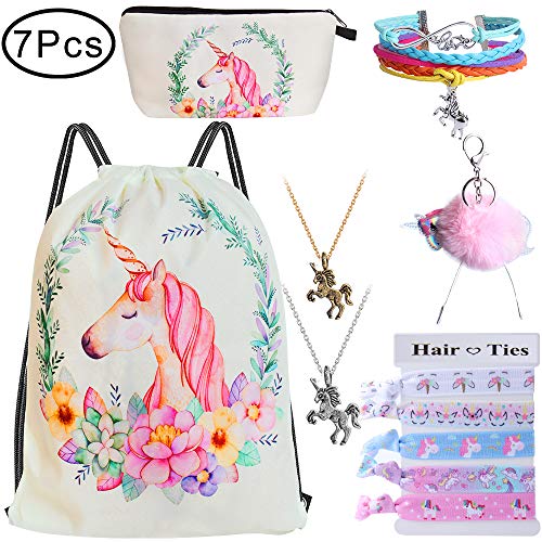 Standie Mochila con cordón para Unicorn Xmas Regalo para niñas Incluye Bolsa de Maquillaje Pulsera Collar Corbatas para el Cabello para favores de la Fiesta del Unicornio