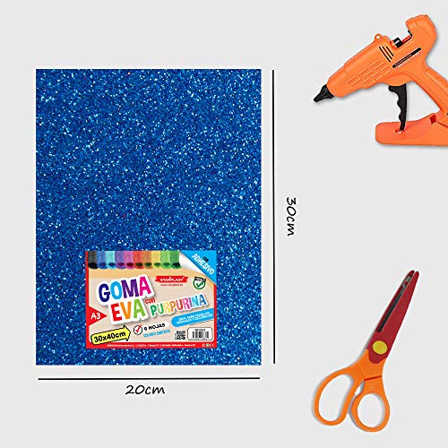 Starplast, Papel Goma Eva, Papel Foamy, Papel Decorativo, Pack de 6 Láminas, Con Adhesivo, Purpurina, Liso, Aprox A4, 20x30cm, Hojas de Espuma EVA para Decorar y Manualidades, Etc. Colores Surtidos