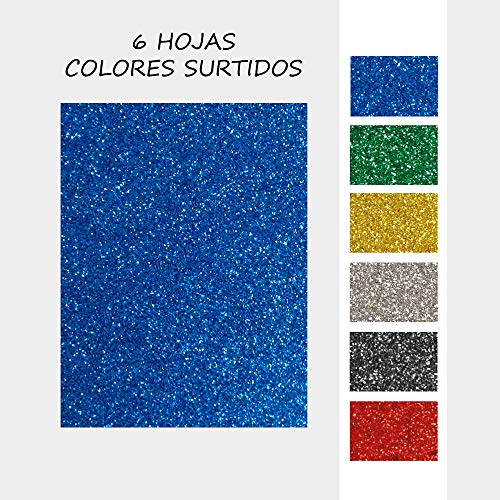 Starplast, Papel Goma Eva, Papel Foamy, Papel Decorativo, Pack de 6 Láminas, Con Adhesivo, Purpurina, Liso, Aprox A4, 20x30cm, Hojas de Espuma EVA para Decorar y Manualidades, Etc. Colores Surtidos