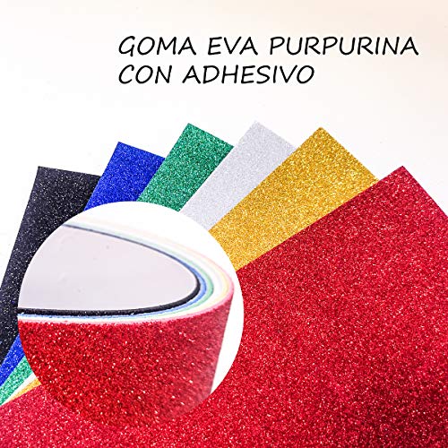 Starplast, Papel Goma Eva, Papel Foamy, Papel Decorativo, Pack de 6 Láminas, Con Adhesivo, Purpurina, Liso, Aprox A4, 20x30cm, Hojas de Espuma EVA para Decorar y Manualidades, Etc. Colores Surtidos