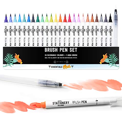 Stationery Island Brush Pens Set de 24 Colores Esenciales + 1 Pincel Aqua - Set de Rotuladores Acuarela Punta Pincel Rellenables. Ideal para Caligrafía, Bullet Journal, Fabricar Tarjetas y Colorear