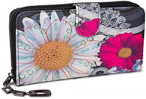 styleBREAKER Monedero con Motivo de Flores étnicas y floración, diseño Vintage, Cremallera, Mujeres 02040040, Color:Negro-Blanco-Fucsia