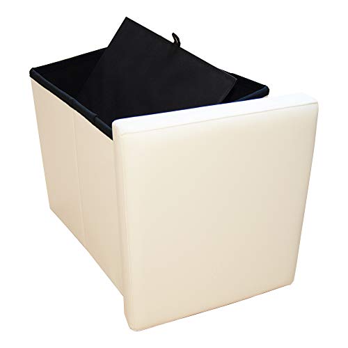 Stylehome Asiento de banco, caja con espacio de almacenamiento plegable, soporta hasta 300 kg, piel sintética, 38 x 38 x 38 cm, piel sintética, blanco roto, 38 x 38 x 38 cm