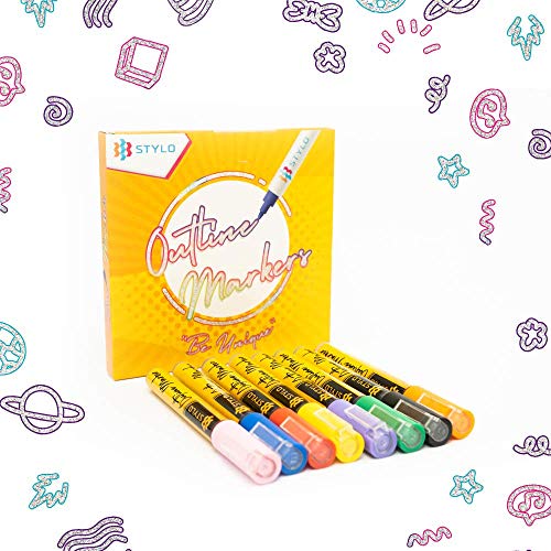 Stylo Marcadores de auto-contorno - Bolígrafos de doble línea de bloc de notas con purpurina Punta 0,7 mm