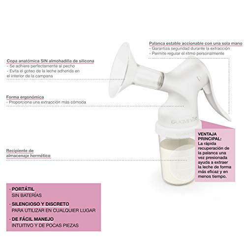 Suavinex - Pack Extractor manual de leche materna. incluye Biberon anticólicos de silicona + 3 Bolsas almacenaje con tapón + Tarro almacenaje. Sacaleches manual