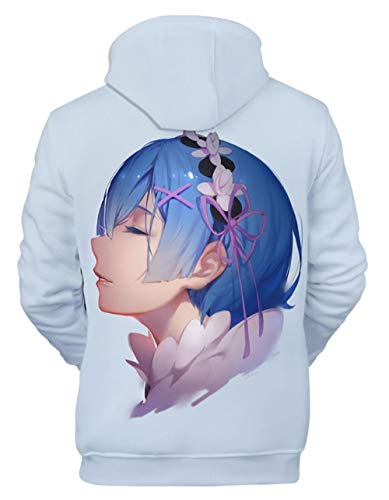 Sudaderas con Capucha,Anime Mundo Diferente De Cero Rem Hombres Pullover Sudaderas con Capucha Impresión 3D Unisex Suéter De Manga Larga Transpirable Tops con Cordones Azul S