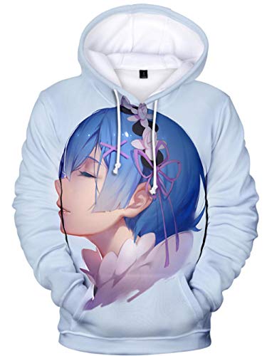 Sudaderas con Capucha,Anime Mundo Diferente De Cero Rem Hombres Pullover Sudaderas con Capucha Impresión 3D Unisex Suéter De Manga Larga Transpirable Tops con Cordones Azul S