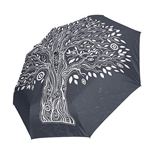 SUHETI Paraguas automático de Apertura/Cierre,Doodle Étnico Ilustración del Árbol Diseño Armonioso Oriental Madre Naturaleza,Paraguas pequeño Plegable a Prueba de Viento