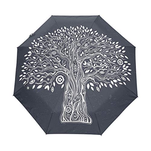 SUHETI Paraguas automático de Apertura/Cierre,Doodle Étnico Ilustración del Árbol Diseño Armonioso Oriental Madre Naturaleza,Paraguas pequeño Plegable a Prueba de Viento