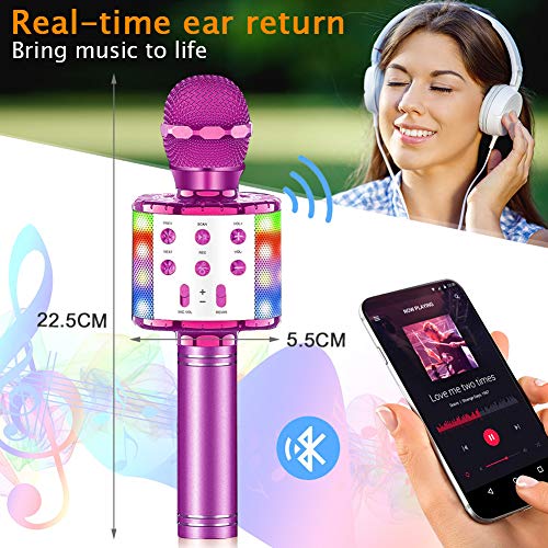 SunTop Micrófono Karaoke Bluetooth, Microfono Inalámbrico Karaoke, Portátil con Altavoz y Luces LED, Reproductor KTV doméstico con función de grabación