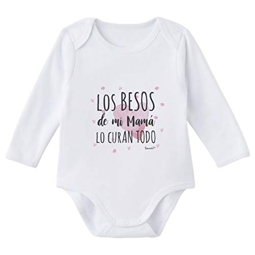 SUPERMOLON Body bebé manga larga Los besos de mi mamá lo curan todo Blanco algodón para bebé 0-3 meses