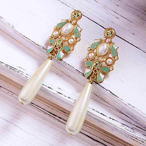 SupKey.L Pendientes de Perlas simulados en Forma de lágrima de Las Mujeres Pendientes geométricos ahuecados de Esmalte para la Marca de la Fiesta