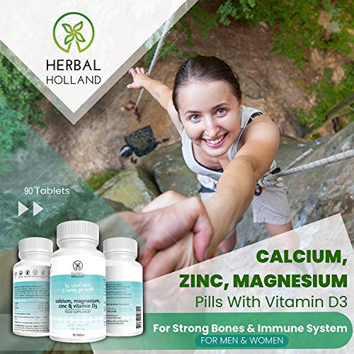 Suplemento Herbal Holland de calcio, magnesio, zinc y vitamina D3 para hombre y mujer: potentes suplementos de vegetarianos con vitamina D3 para unos huesos y sistema de salud fuertes, 90 tabletas