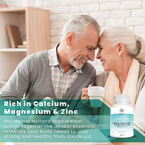 Suplemento Herbal Holland de calcio, magnesio, zinc y vitamina D3 para hombre y mujer: potentes suplementos de vegetarianos con vitamina D3 para unos huesos y sistema de salud fuertes, 90 tabletas