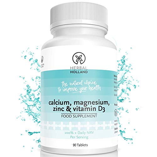 Suplemento Herbal Holland de calcio, magnesio, zinc y vitamina D3 para hombre y mujer: potentes suplementos de vegetarianos con vitamina D3 para unos huesos y sistema de salud fuertes, 90 tabletas