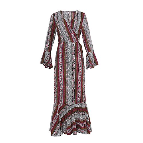 Sweetwill Mujeres Boho V cuello floral 3/4 manga lateral deslizamiento Tie-cintura de manga larga floral Maxi vestido largo (Color 1, Talla única)
