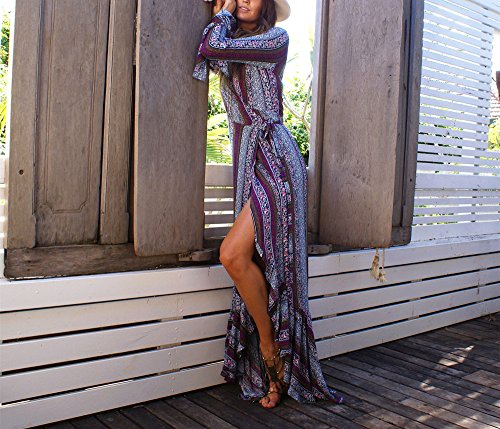 Sweetwill Mujeres Boho V cuello floral 3/4 manga lateral deslizamiento Tie-cintura de manga larga floral Maxi vestido largo (Color 1, Talla única)