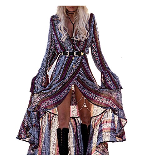Sweetwill Mujeres Boho V cuello floral 3/4 manga lateral deslizamiento Tie-cintura de manga larga floral Maxi vestido largo (Color 1, Talla única)