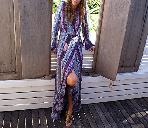 Sweetwill Mujeres Boho V cuello floral 3/4 manga lateral deslizamiento Tie-cintura de manga larga floral Maxi vestido largo (Color 1, Talla única)