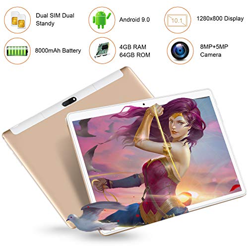 Tablet 10 Pulgadas 4G FHD 64GB de ROM 4GB de RAM Android 9.0 Certificado por Google GMS Tablet PC Procesador de Quad Core Batería 8500mAh Dual SIM 8MP Cámara WiFi,Bluetooth,GPS,OTG(Oro)